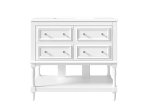 Meuble vasque sur pied 92×47×88 cm blanc, lavabo céramique, 4 tiroirs, niche ouverte