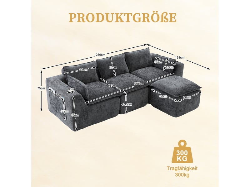 Canapé modulable d’angle en l 3 places en tissu gris foncé, 256 x 161 x 75 cm, sans montage, porte-gobelets, poches latérales, livré compressé Luxe haut de gamme - Conforama C