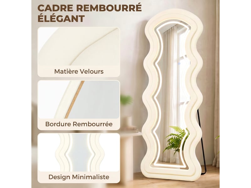  Miroir pleine longueur ondulé 160 x 60 cm, led 3 couleurs, verre trempé hd, cadre effet velours, crème  - Conforama R