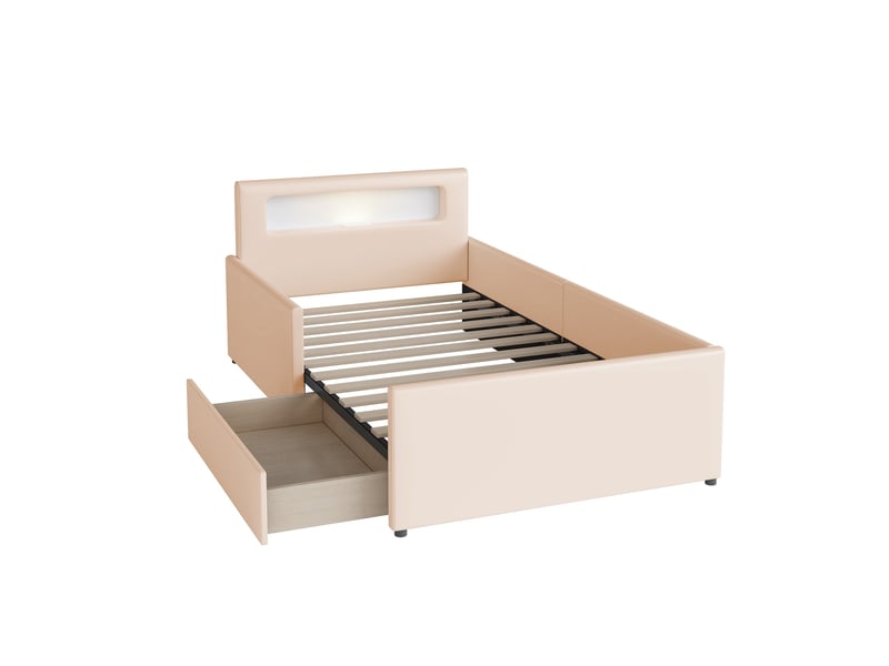 Lit enfant rembourré 90 x 200 cm avec veilleuse, port usb, tiroir et côtés surélevés, similicuir beige Fay Lum - Conforama A