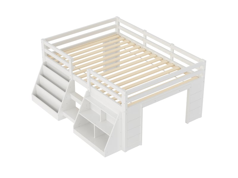 Lit enfant 140 x 200 cm – avec étagères de rangement – avec barrières de sécurité – avec échelle – avec éclairage led – blanc (matelas non inclus) - Conforama W