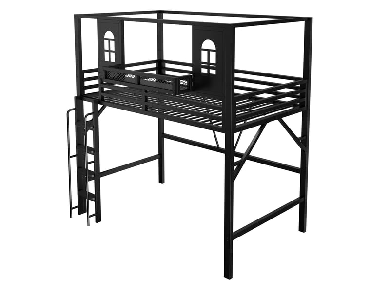  Lit mezzanine enfant 90 x 200 cm en métal avec toit, échelle de sécurité, espace de jeu avec fenêtre et tablette, noir  - Conforama D