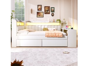 Lit adulte 140x200 cm avec sommier à lattes, bureau intégré, 2 tiroirs de rangement, éclairage led et port usb, tissu blanc, sans matelas