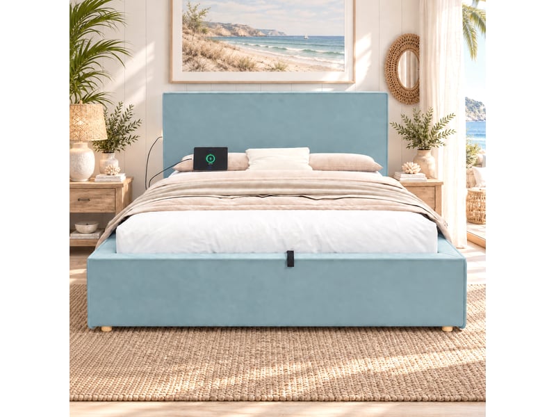  Lit enfant 140x200 cm en velours avec sommier et rangement hydraulique bleu chicfurn  - Conforama B