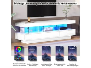 Meuble tv blanc laqué, meuble tv pour écran 70 pouces avec led, meuble tv 160 cm, panneau de particules, blanc
