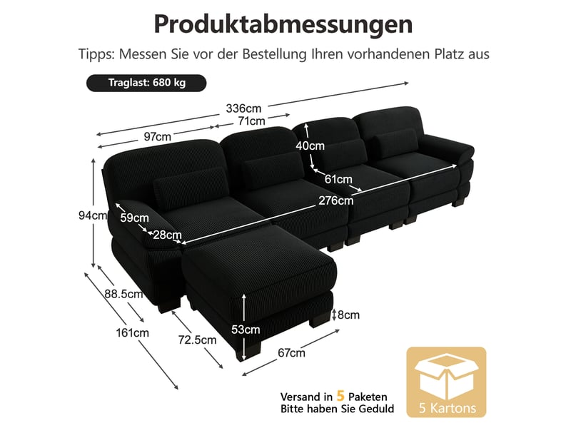 Canapé modulaire en l 4 places 336x161x94 cm avec pouf, assise profonde, design ergonomique, velours côtelé noir - Conforama C