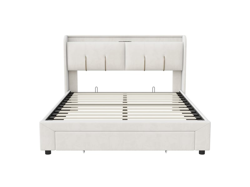  Lit coffre 2 places 140x200 cm, lit adulte avec rangement, ports usb, led, tiroir, velours blanc  - Conforama E