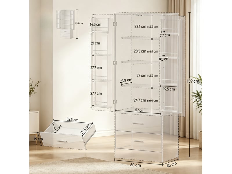  Buffet haute de cuisine 60 x 40 x 159 cm – blanche – 2 portes, 2 tiroirs, 8 rangements à épices pratiques  - Conforama C