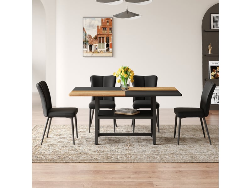  Ensemble table et 4 chaises de repas 160 cm noir et marron, rangement intégré et confort au quotidien  - Conforama E