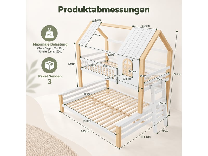 Lit superposé cabane 90x200140x200cm avec barrières anti-chute hautes et échelle robuste, lit familial gain de place en bois, blanc et naturel evarich - Conforama C