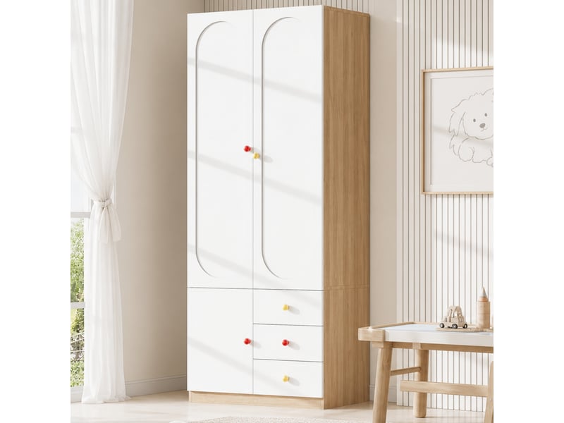  Armoire enfant avec 2 portes, 3 tiroirs, penderie, étagères et poignées céramique, chambre, blanc, 80 × 50 × 200 cm  - Conforama C