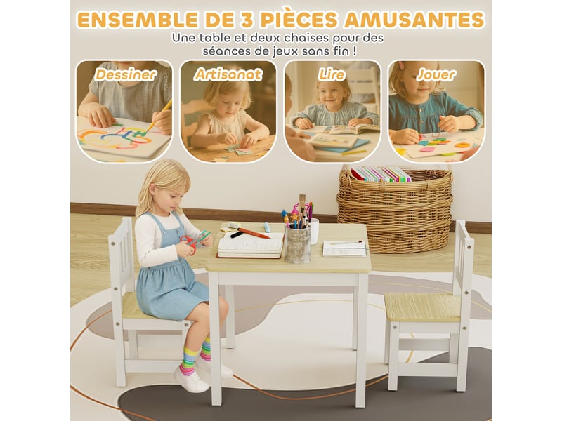  Table enfant avec chaise, lot table et 2 chaises enfant en bois pour dessiner, jouer, étudier, bois naturel, 56x52x48cm  - Conforama E
