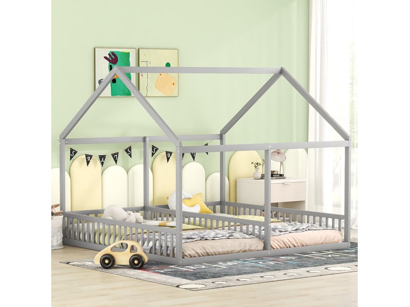  Lit cabane 2 couchages 90x200 cm gris style maison avec barrières  - Conforama B