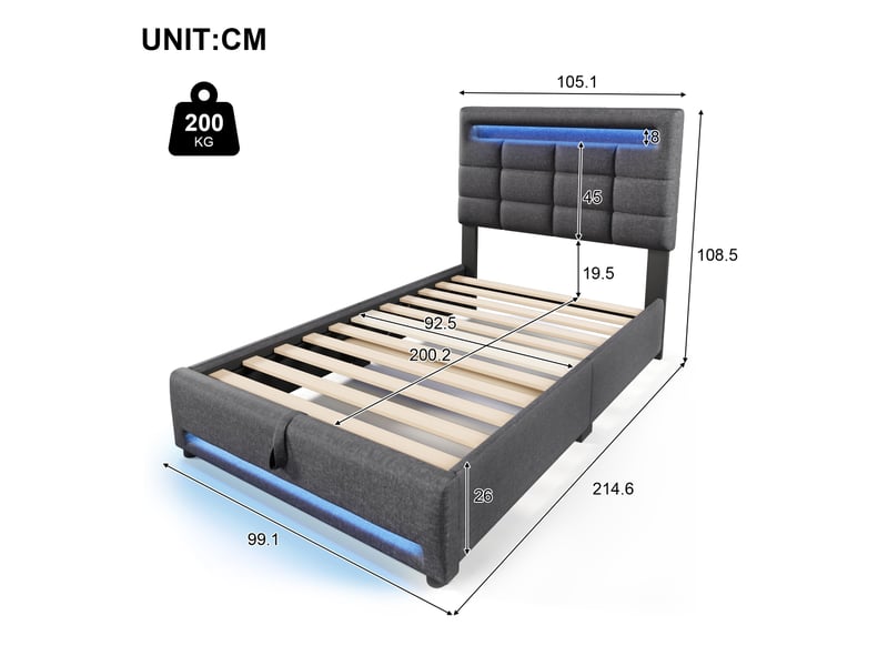  Lit capitonné, 90 x 200 cm, commande par application, éclairage led, suspension hydraulique, sans matelas, avec port usb, linge de lit gris  - Conforama C