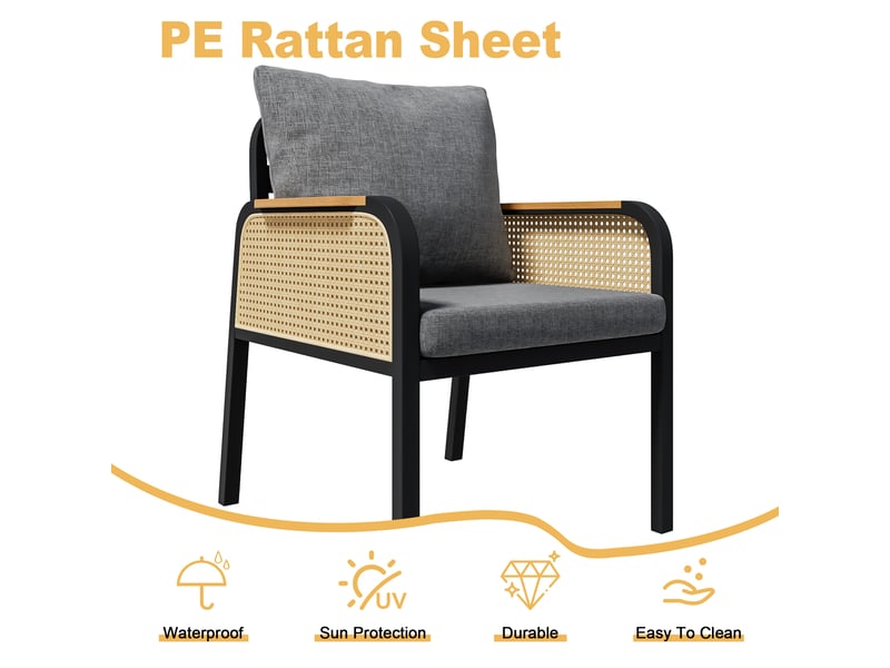  Ensemble table et chaise de jardin avec 1 table et 6 chaises - coussins inclus - fer, polyester et pe - noir et naturel  - Conforama E