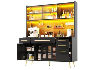 Buffet haut de cuisine avec led panneau perforé et tiroirs noir 145x39x171 cm