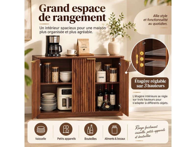  Buffet 80x40x80 cm avec portes rainurées, étagères réglables, plateau résistant et charnières métal, brun  - Conforama D