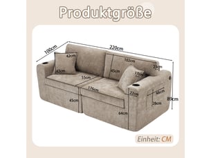Canapé relax 2 places marron en chenille 220 × 100 × 89 cm, poche latérale, porte-gobelet, coussins et recharge usb