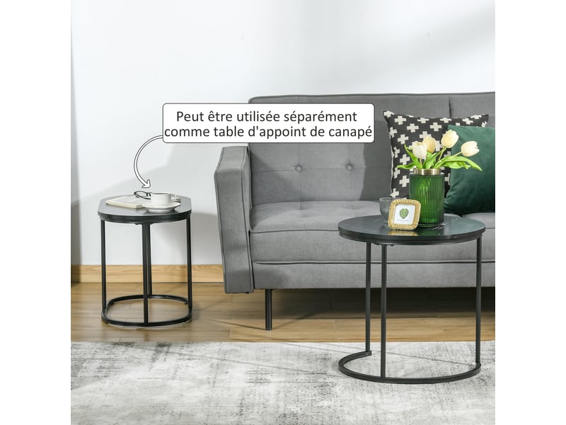  Lot de 2 tables basses tables d'appoint gigognes en acier et plateau mdf aspect marbre - noir - table ronde et ovale  - Conforama W
