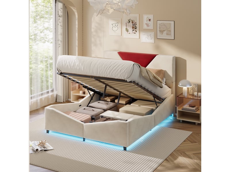  Lit coffre 140x190cm - lit double 140x190 - rembourré velours avec led rgb sous lit &amp; tête bicolore rouge - blanc cassé  - Conforama D
