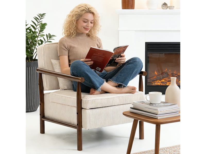  Fauteuil velours blanc style mid-century structure bois assise rembourrée avec coussin lombaire et rangement intégré 83x66x73 cm evarich - Conforama E