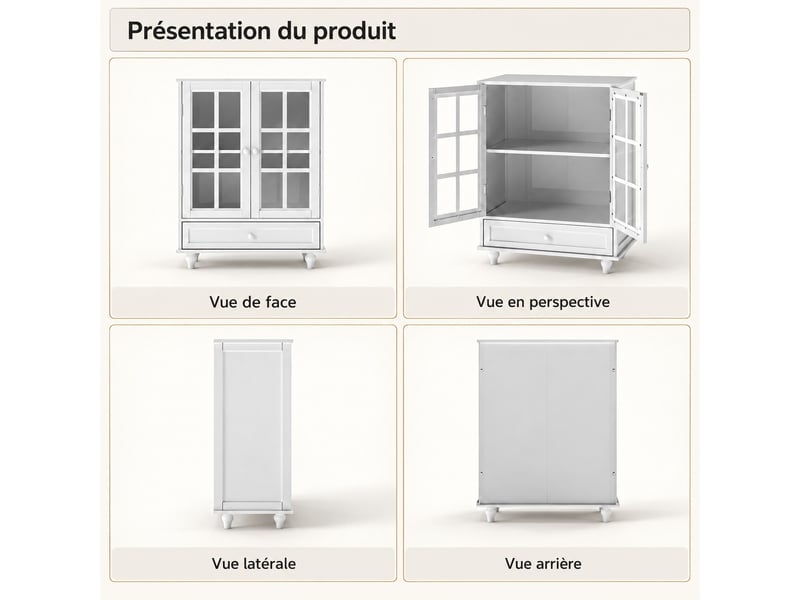  Buffet 38x71x93 cm avec portes en verre trempé, tiroir bas, étagères réglables, poignées et pieds bois, blanc  - Conforama E
