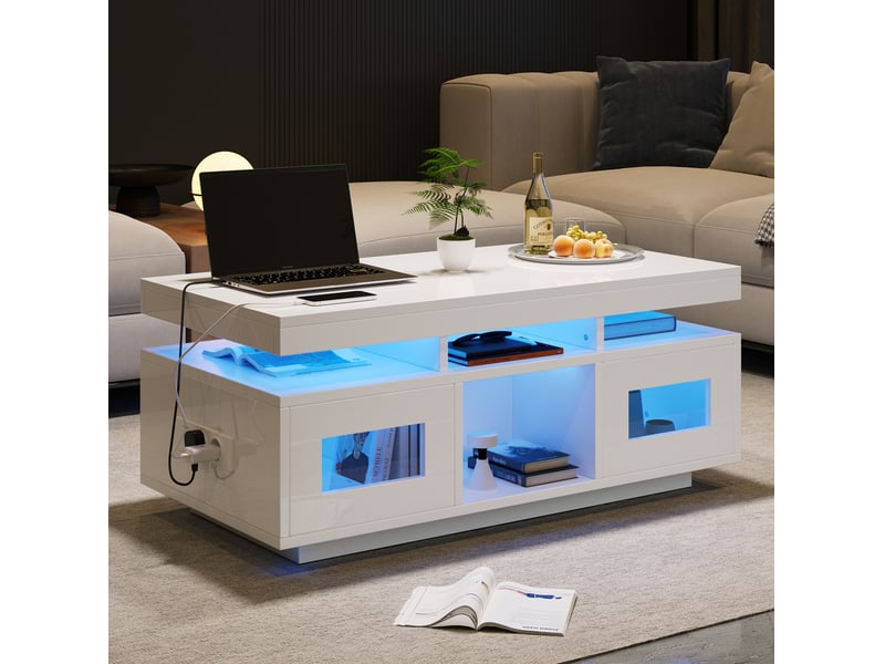  Table basse avec 2 portes, 2 niches, led contrôlée par application, prise et usb pour salon, 100 × 50 × 43 cm  - Conforama C