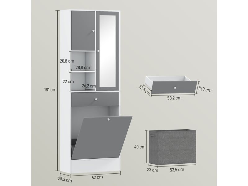 Meuble de salle de bain avec panier à linge et miroir étagère réglable 62 x 28,3 x 181 cm gris et blanc - Conforama C