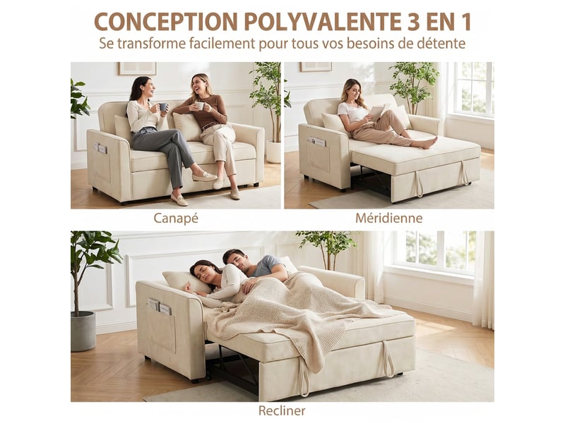  Canapé convertible 2 places 3 en 1, canapé-lit clic clac en chenille 142 cm, 2 oreillers, dossier réglable, beige  - Conforama A