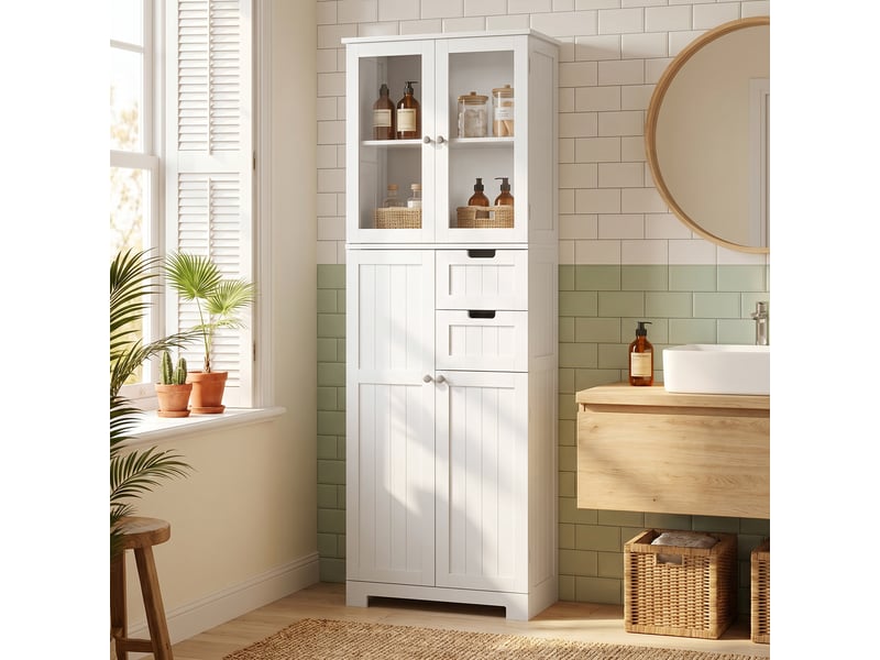  Meuble de salle de bain haut 4 portes 2 tiroirs 60x30x170cm blanc  - Conforama D