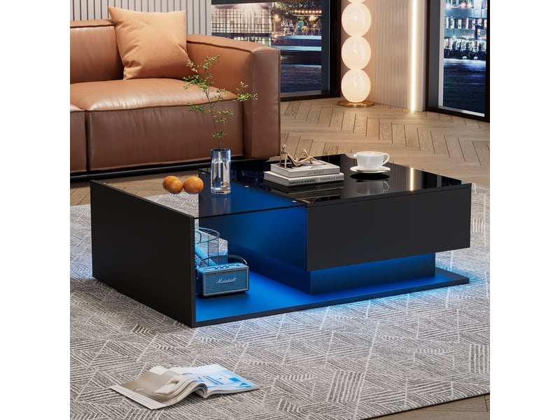 Table basse noire brillante 100x50x40 cm avec led, plateau en verre, 1 tiroir - style moderne - Conforama B