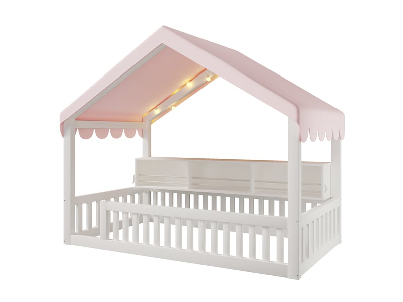  Lit jeune 1 place 90x200 cm avec baldaquin, led et étagère en bois blanc  - Conforama R