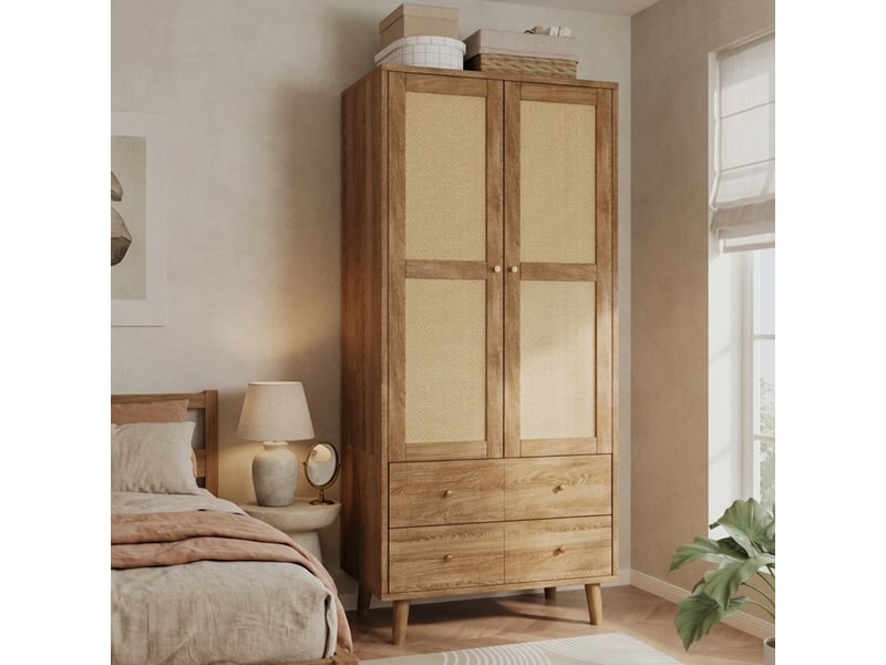  Armoire de chambre - armoire en bois naturel foncé, meuble multifonctionnel avec design en rotin, noix naturelle  - Conforama E