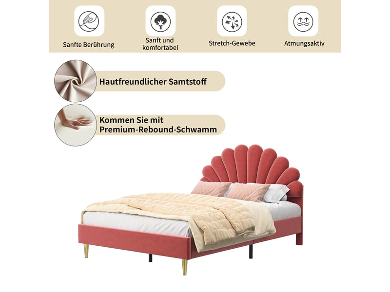  Feeohome lit pour enfant rembourré 140 x 200 cm, cadre de lit double avec sommier à lattes, lit simpledouble pour fille velours sans matelas, beige (rouge)  - Conforama B