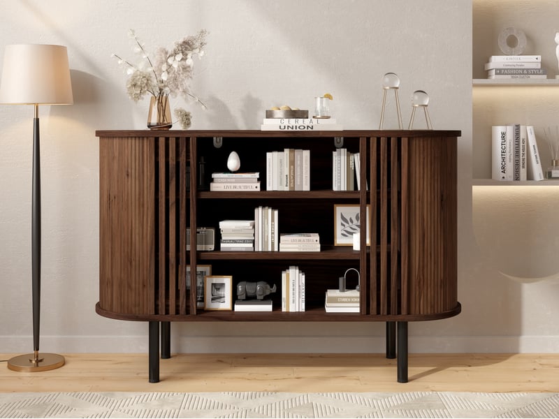  Buffet bas 120 x 40 x 80 cm avec 3 compartiments ouverts, coloris noyer, pieds métalliques réglables, mdf et panneaux de particules  - Conforama D