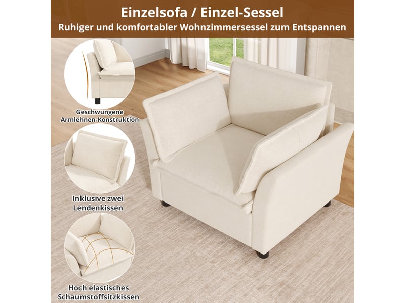  Fauteuil de salon avec accoudoirs et coussins amovibles en chenille beige, 1 place  - Conforama E