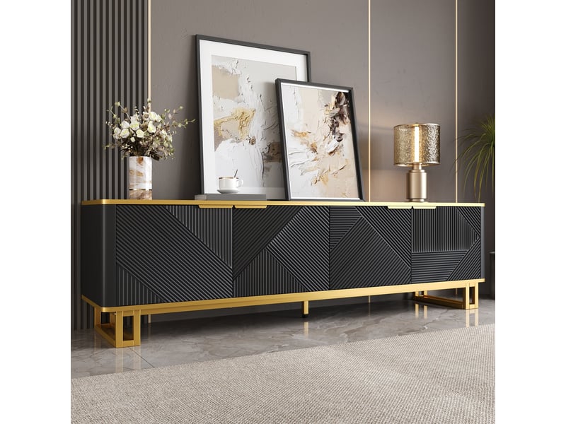 Meuble tv 160 x 37,5 x 48 cm, 4 portes, passe-câbles, façades géométriques en relief, structure métal, noir et doré, rangement pour salon CARDUME ESTIVAL - Conforama B