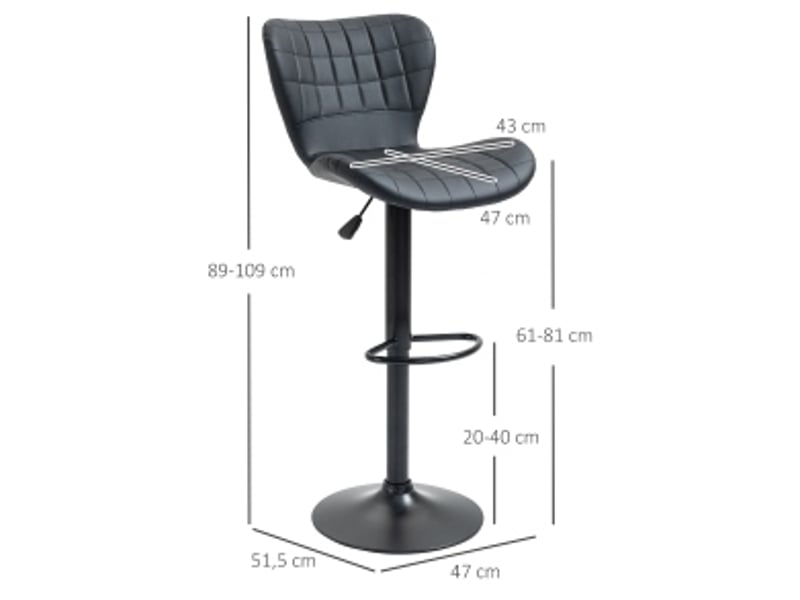  Tabouret de bar lot de 2 réglable en hauteur et pivotant à 360°, avec dossier en similicuir noir  - Conforama C