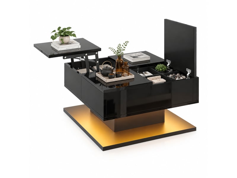  Table basse relevable avec plateau rabattable, 2 tiroirs, rangement et led réglable pour salon, noir, 72 × 72 × 35 cm  - Conforama A
