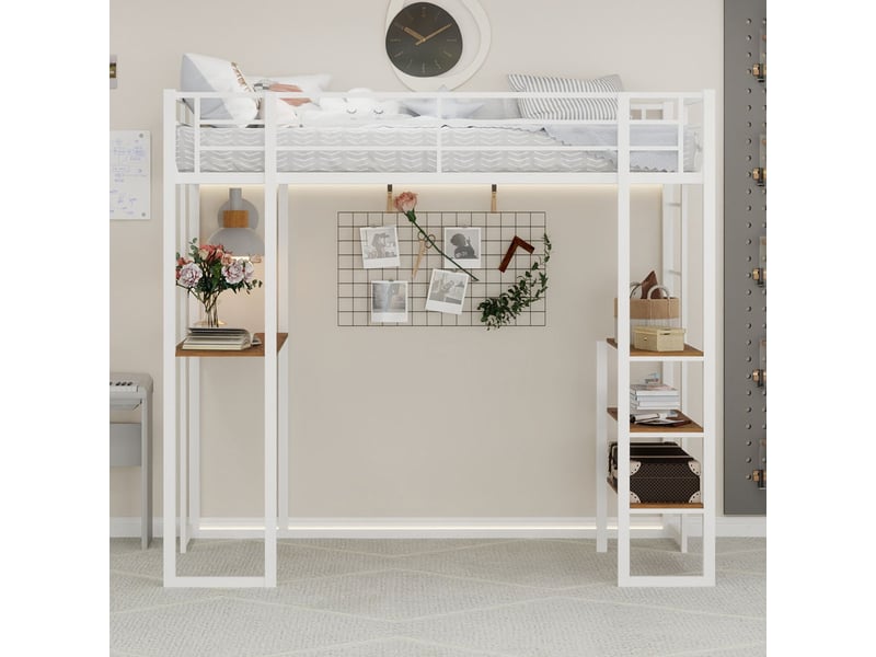  Lit mezzanine 90x190cm - avec bureau en l et étagères, échelles bilatérales - lit 1 place - place pour enfant et ado - blanc  - Conforama B