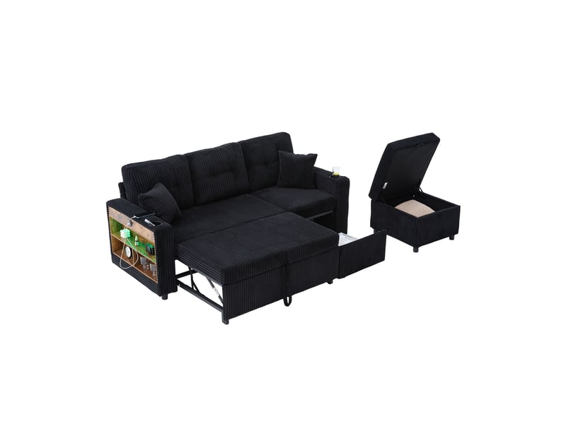 Canapé convertible 196 x 82-144 x 85 cm,coffre de rangement,usb-c, éclairage d’ambiance,porte-gobelets,accoudoirs larges,velours côtelé,noir Bliss Lite - Conforama A