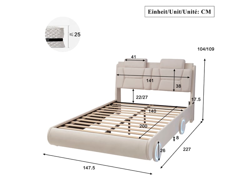  Lit rembourré pour enfants 140x200cm - lit en forme de voiture de course - hauteur de tête de lit réglable - avec éclairage led - tissu velours - beige (sans matelas)  - Conforama C