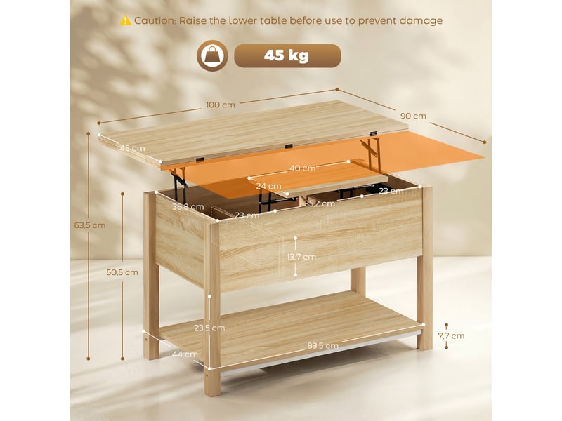  Table basse relevable et extensible table de salon avec compartiment caché étagère ouverte 100x45x50,5cm bois naturel  - Conforama C