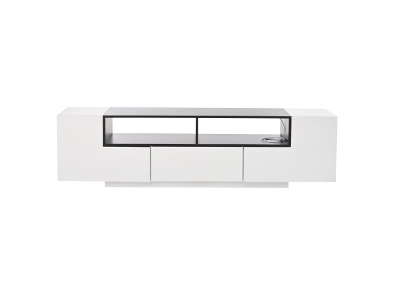 Meuble tv en l 180x40x48 cm — blanc et noir laqué brillant, led intégrée, tiroirs, compatible tv jusqu'à 75 pouces - Conforama A