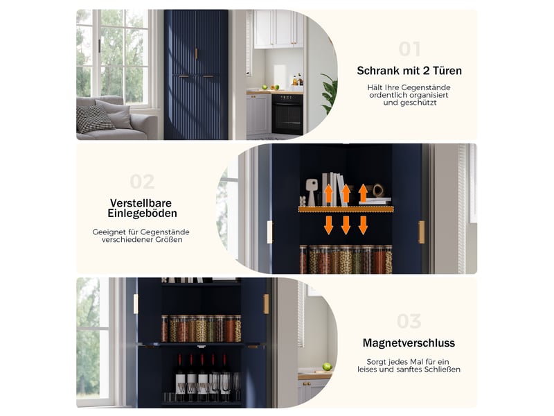  Buffet de cuisine 4 portes 60x60x172 cm - meuble d'angle avec étagères réglables et fixation anti-basculement - bleu  - Conforama D