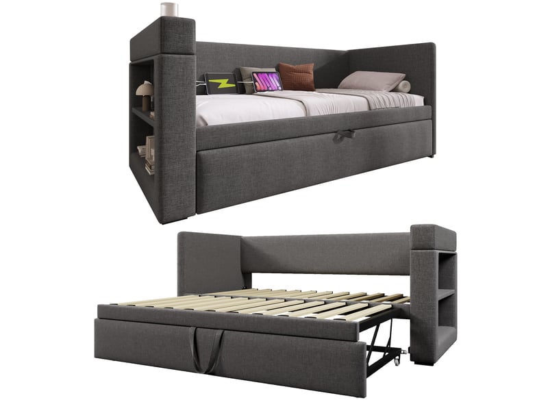 Lit banquette gigogne 90x190 cm avec ports usb-c, porte-gobelet et sommier à lattes, tissu gris  - Conforama D