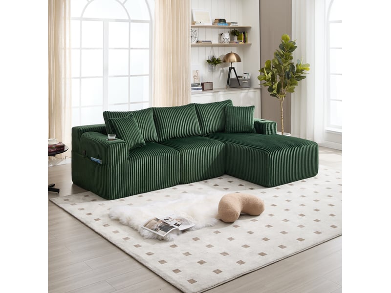  Canapé modulable modenvie 3 places avec méridienne vert émeraude velours côtelé 257 x 160 x 80 cm  - Conforama D