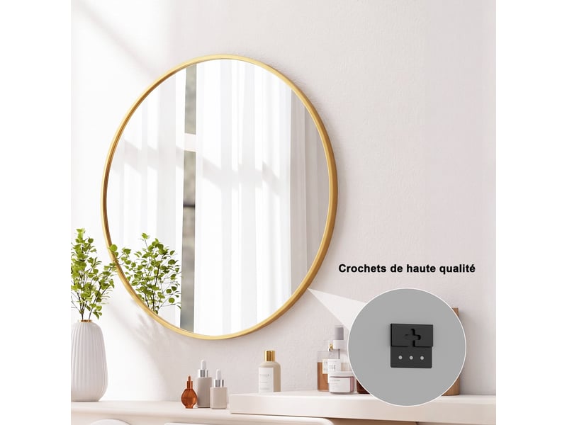 Miroir mural rond 75 cm doré,verre trempé,miroir mural haute définition,cadre métal et crochet,pour chambre,entrée,salle de bain - Conforama E