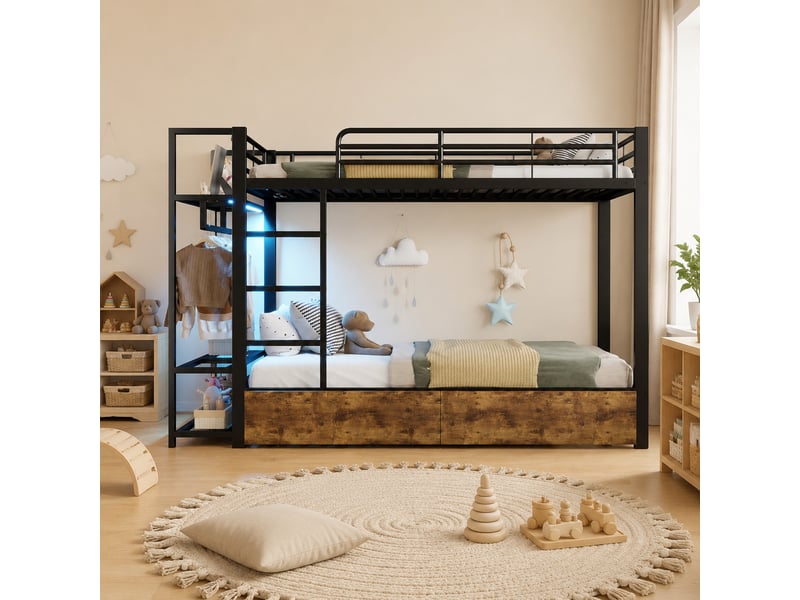 Lit superposé enfant 90 x 200 cm avec led, rangements et 2 tiroirs, noir - Conforama B