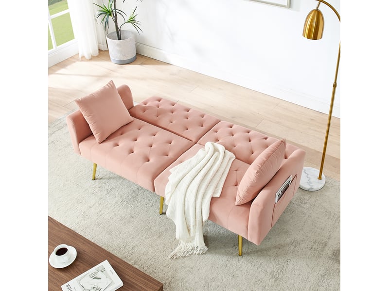 Canapé convertible 2 places avec dossier réglable 3 positions, 2 coussins et couchage d'appoint en velours rose - Conforama C